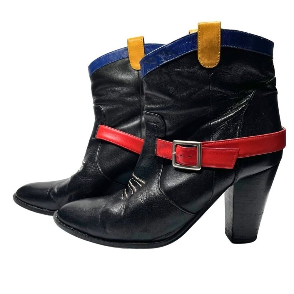 MELLOW YELLOW X JC/DC BLACK LEATHER VEAL CALFSKIN COLORFUL STRAPPY COWBOY BOOTS - Picture 2 of 13